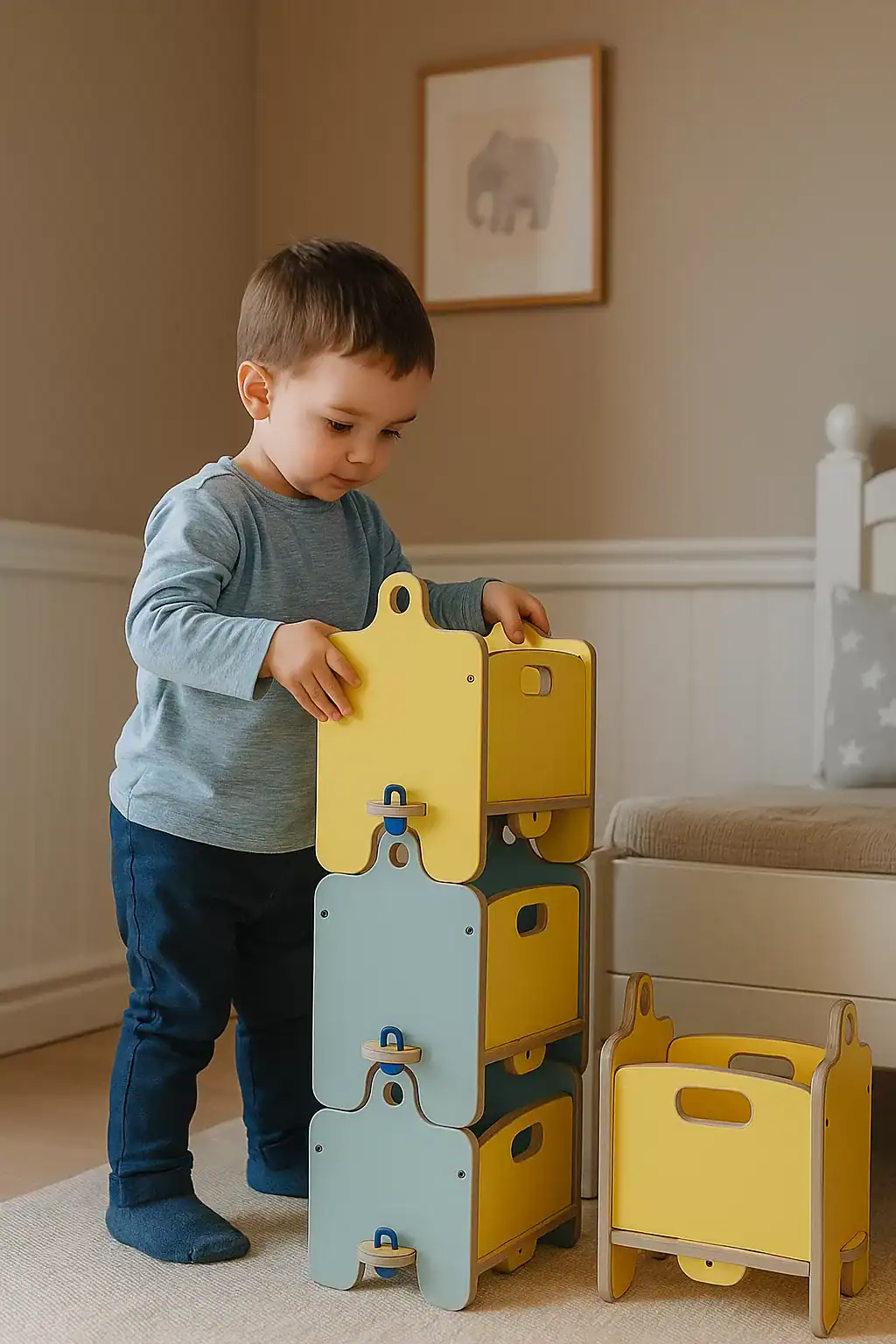 Acceso fácil a espacios de almacenamiento Montessori para dormitorios infantiles.