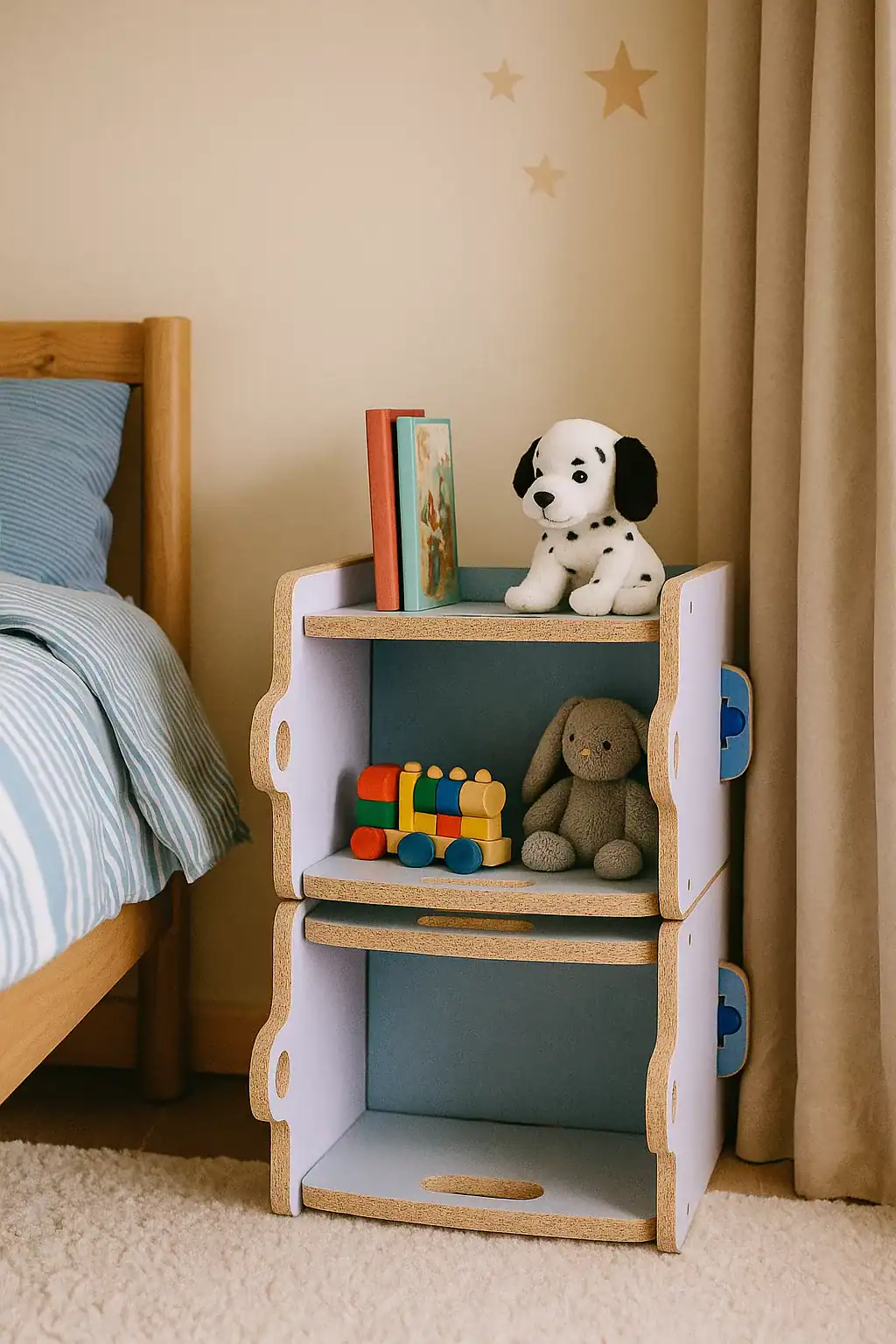 Mesa de luz Montessori con juguetes y libros para niños.