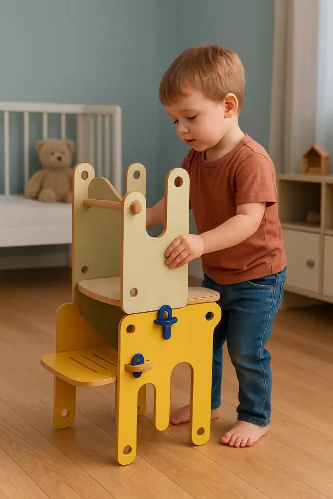 Torre de aprendizaje Montessori para niños, fomenta autonomía y seguridad en los primeros años.